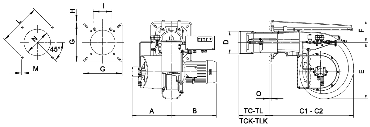 Размеры дизельной горелки FBR FGP двухступенчатой 124 – 1779 кВт