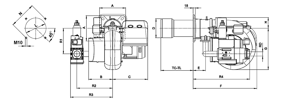 Размеры газовой горелки FBR XP двухступенчатой прогрессивной и модулирующей 232 – 522 кВт.
