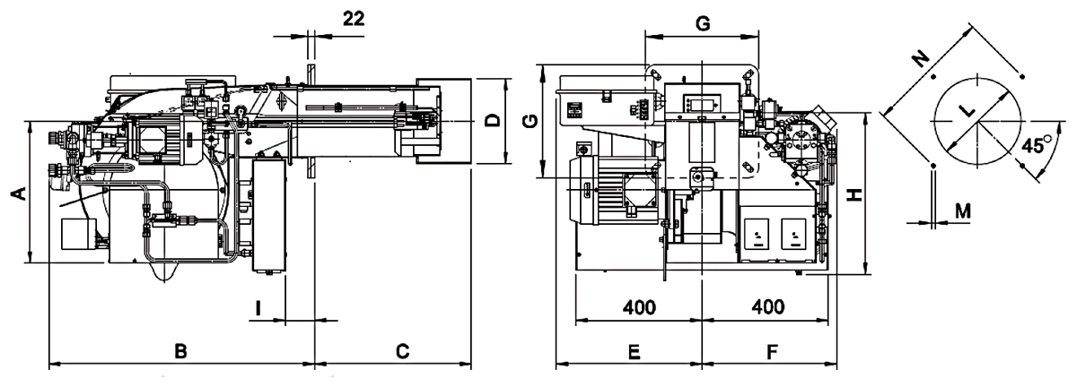 Размеры мазутной горелки F.B.R FNDP трехступенчатой 456-3988 кВт.