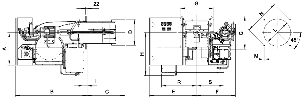 Размеры  мазутной горелки серии F.B.R. FNDP прогрессивной и модулирующей 456 до 3988 кВт