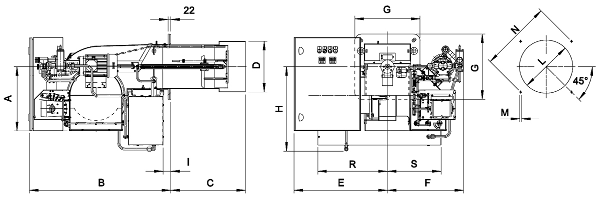 Размеры мазутной горелки FBR FNDP прогрессивной и модулирующей 911 до 6267 кВт